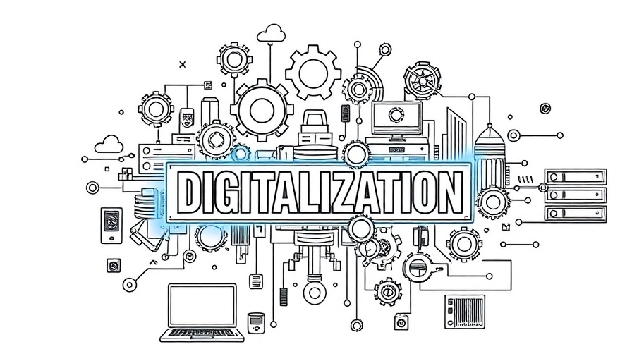 Stylized digitalization concept illustration with tech icons for Digitalisierung für Industrieunternehmen.
