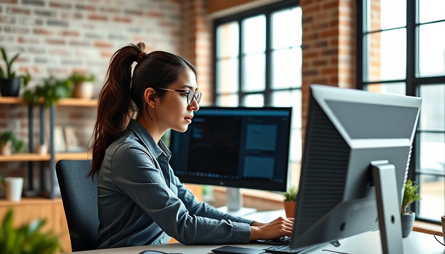Professional woman working on dual monitors, cyberangriffe.