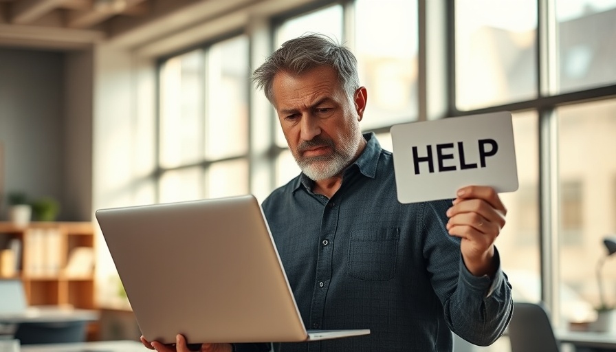 Mobilfunktarif für KMU - Frustrated man holding laptop and help sign in office.