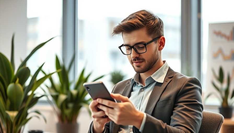 Professional man checking smartphone in office for professionelle Mailbox-Ansagen.