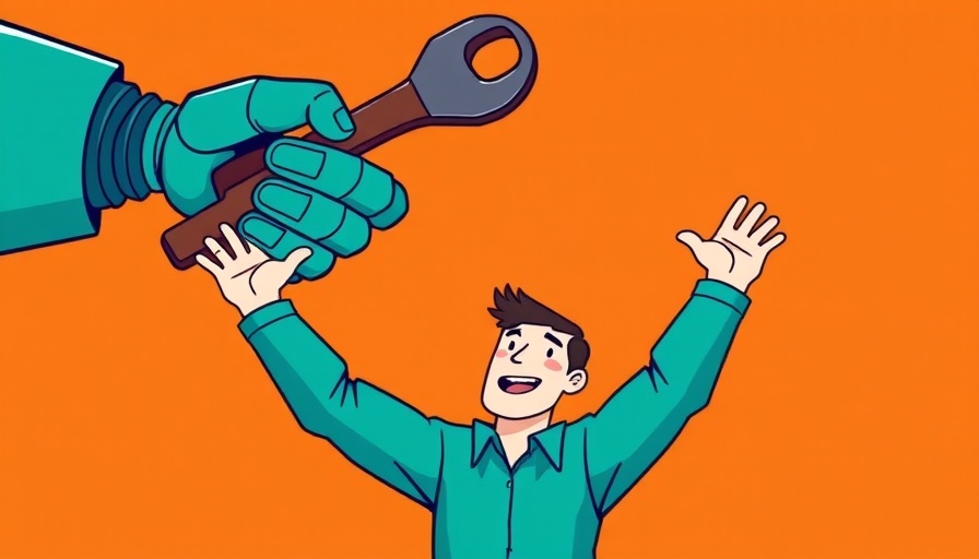 Cartoon robotic hand and man, illustrating Google Search antitrust case.