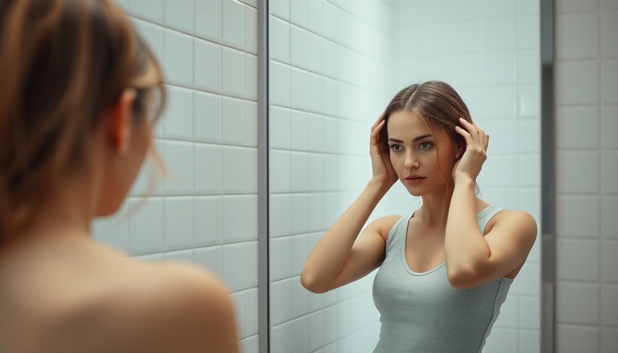 Pensive woman adjusting hair in a tiled bathroom mirror.