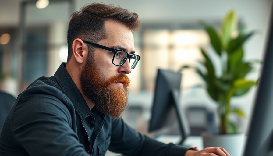 Bearded man in glasses working at computer, Wirtschaftsidentifikationsnummer concept.