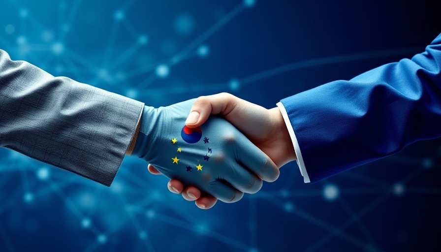 Futuristic symbolic handshake between EU and South Korea over digital background.