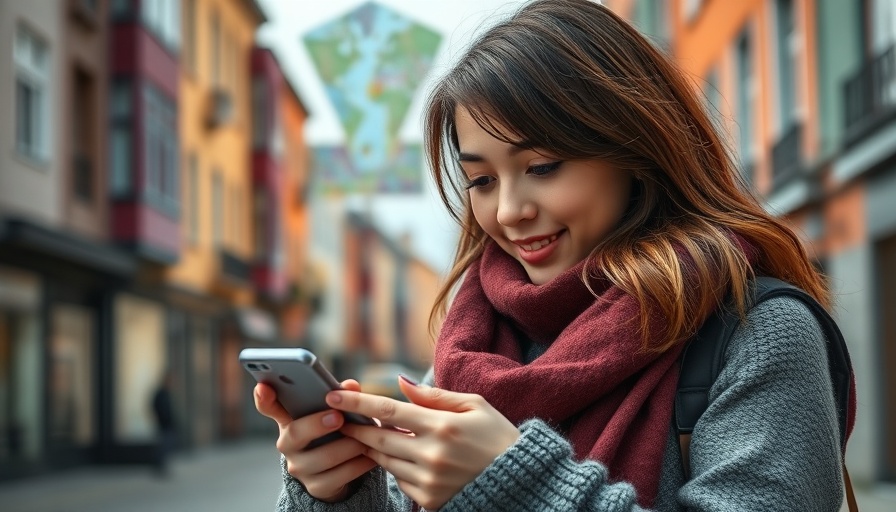 Young woman on street checking phone with map overlay, highlighting Fake-Einträge auf Google Maps.