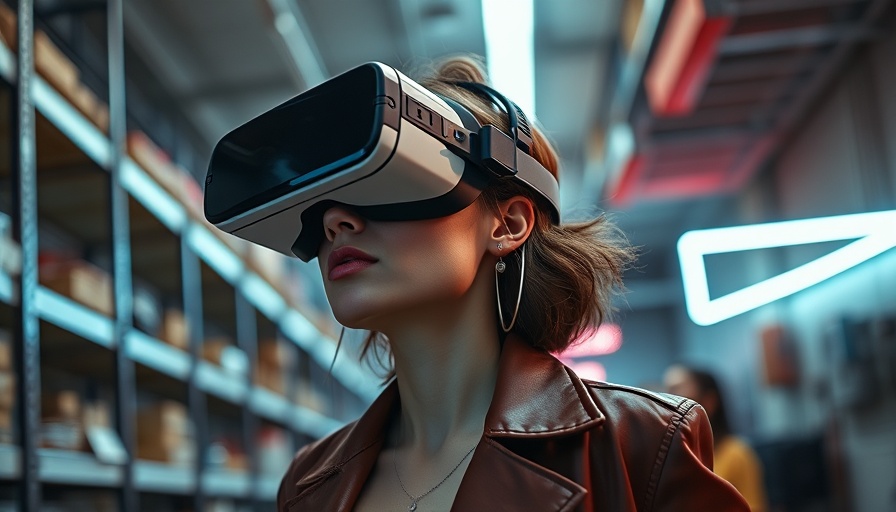 Woman exploring VR with headset and controls in neon-lit room.