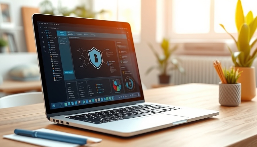 Laptop displaying security software in bright office setting, Daten sicher schützen.