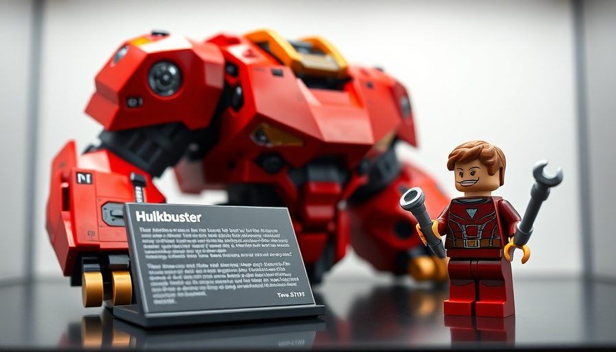 LEGO Hulkbuster Set display with Tony Stark minifigure.