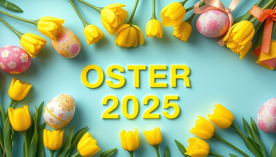 Ostern 2025 Easter-themed design with colorful eggs and tulips