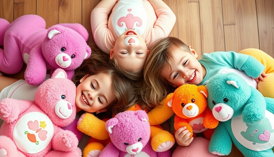 Children with Care Bears™-Plüschkollektion on wooden floor, smiling.