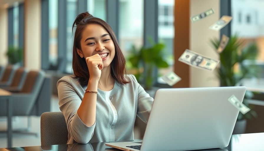 Rückwirkende Steuererklärung: Woman happy with tax refund on laptop.