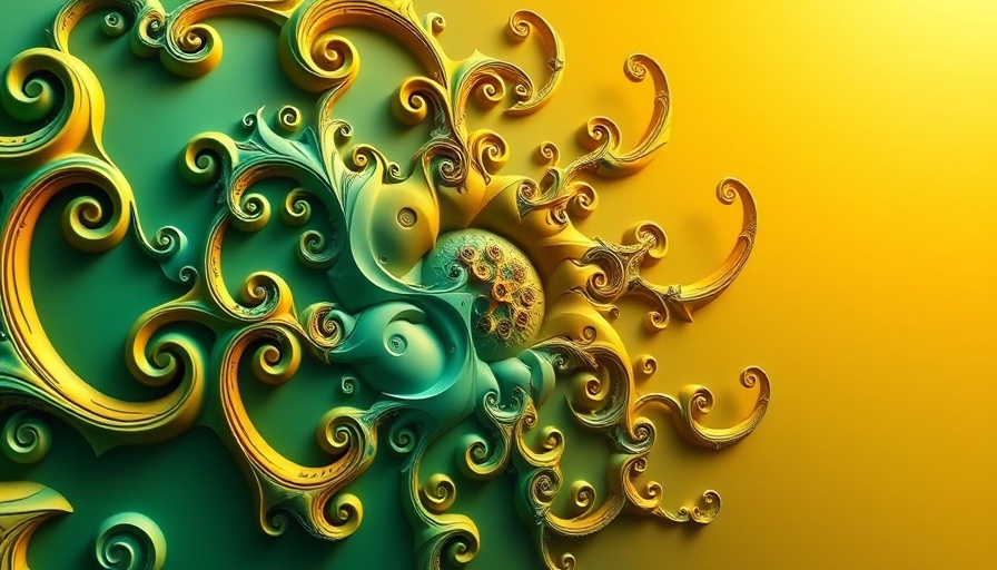 Vibrant fractal pattern in green, blue, orange with symmetrical design.
