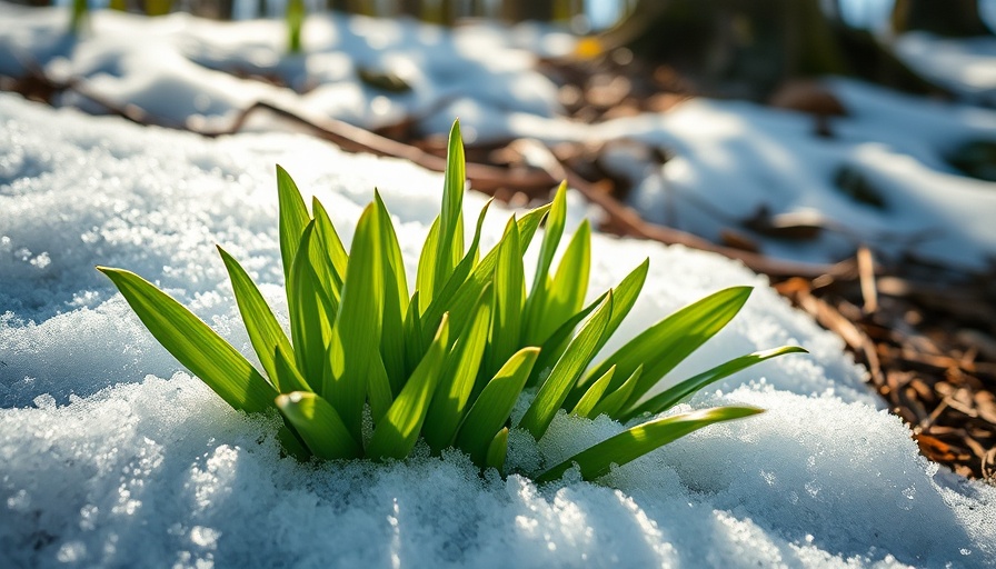 Vibrant green wild garlic amidst melting snow in forest, Bärlauch sammeln