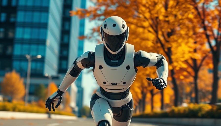 Futuristic robot athlete racing in an autumn cityscape.
