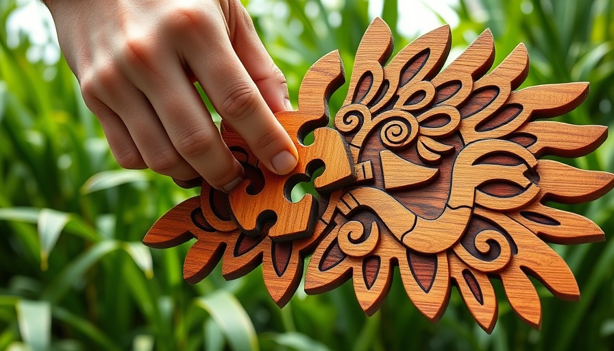 Trends im Spielzeug 2025: Hand assembling detailed wooden puzzle with Aztec design.