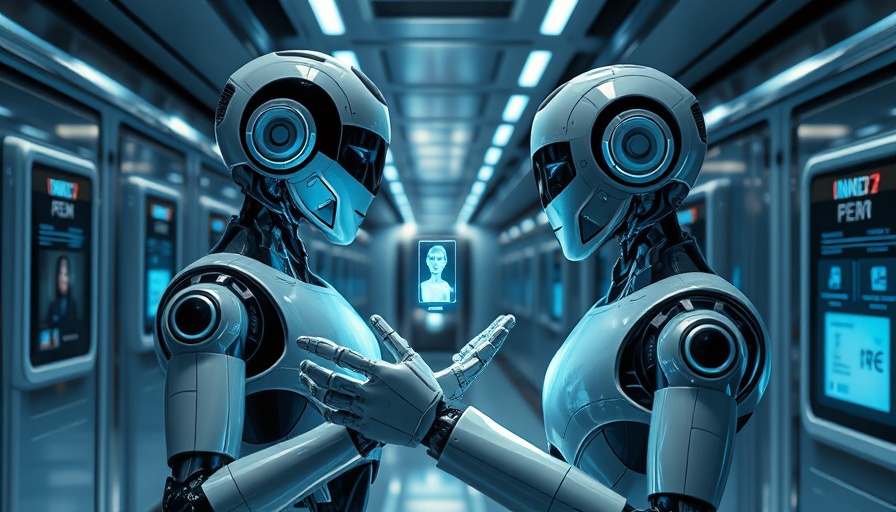 Futuristic robot conducts datenschutzkonforme Altersverifikation in sleek hallway.