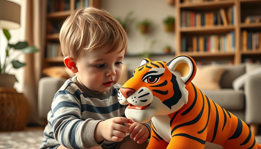 Toddler playing with interaktive Lernspielzeuge tiger toy in cozy room.