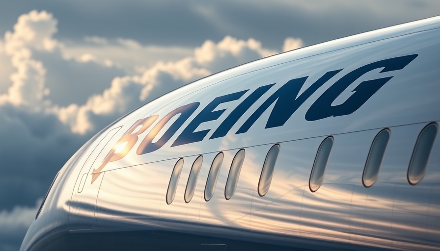 Close-up of Boeing airplane with logo, moody sky reflection.