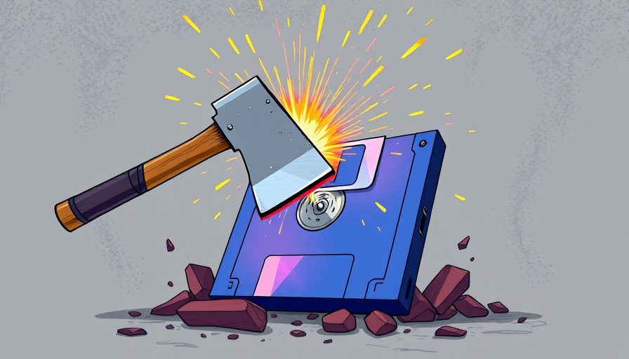 Illustration of digital axe smashing a floppy disk symbolizing 'Digitale Bücherverbrennung'.