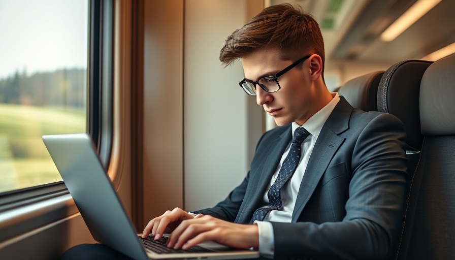 Businessman on train working on laptop, possibly checking Google Chrome update.