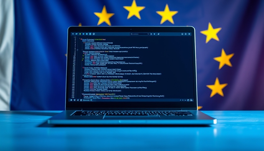 European tech innovation represented by a laptop with code and EU flag.