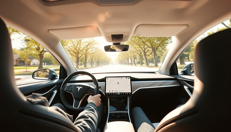 Tesla Model 3 interior with autonomous driving display on a sunny road trip.
