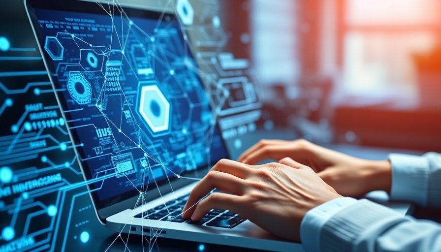 AI integration at workplace with digital circuitry and laptop.