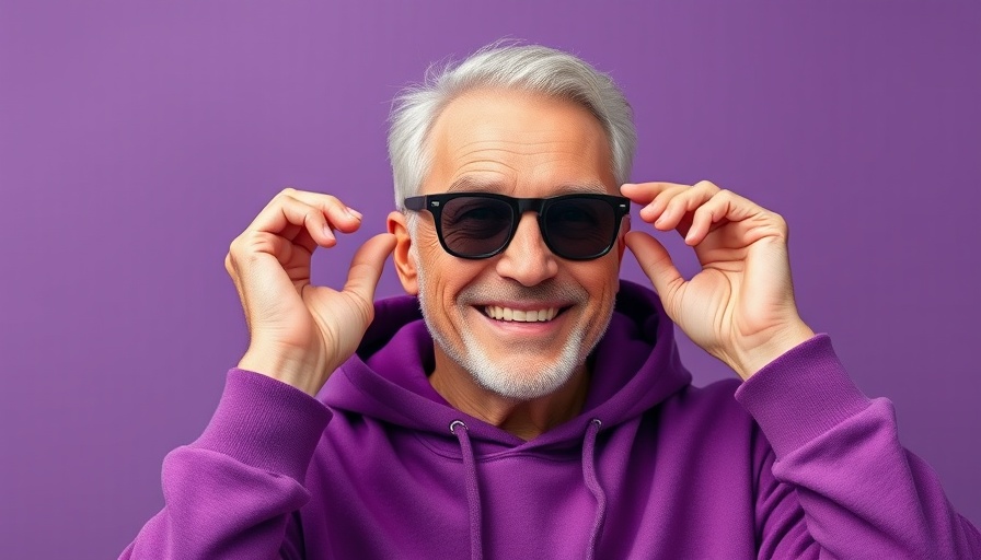 Older man in purple hoodie adjusting sunglasses, smiling.