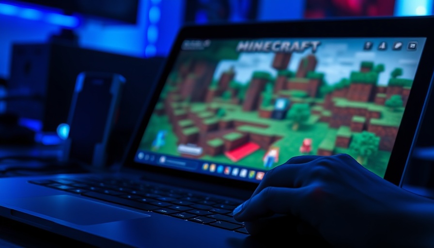 Laptop displaying Minecraft game with hand on neon mouse