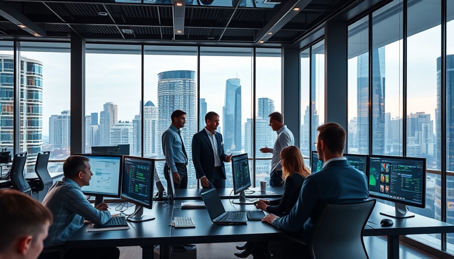 Modern office with AI technology and team collaboration.
