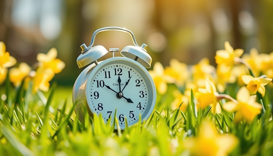 White alarm clock in grass with yellow daffodils, Zeitumstellung Landwirtschaft Stormarn.