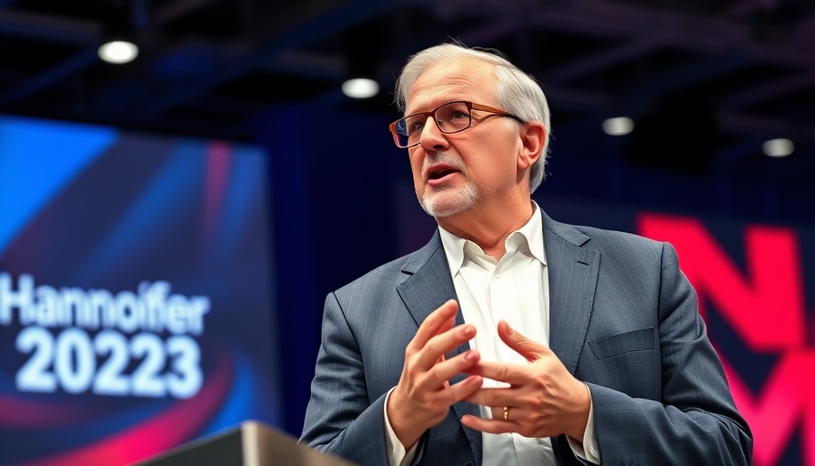 Older man speaking at Hannover Messe 2023 with vibrant background.