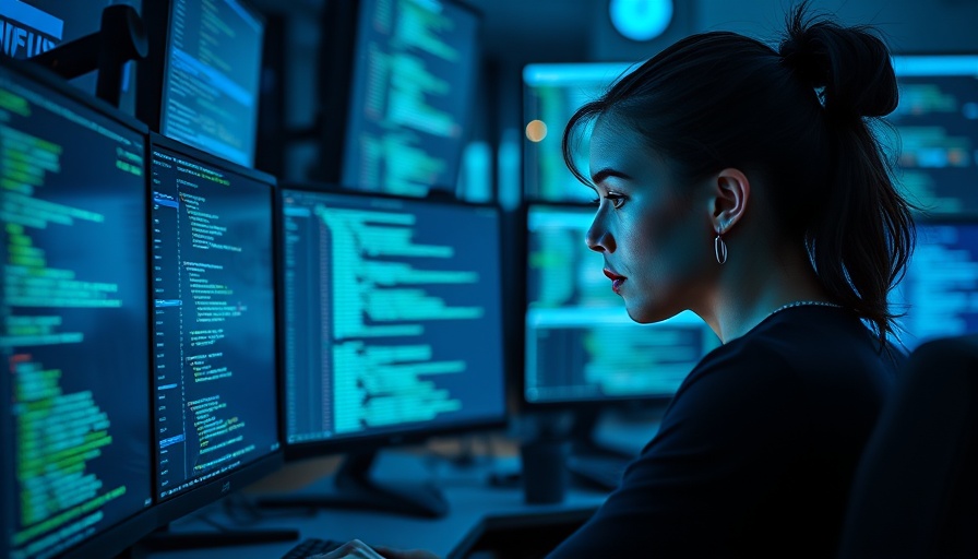 Mitarbeiter fit für KI: Woman analyzing code on monitors in tech office.