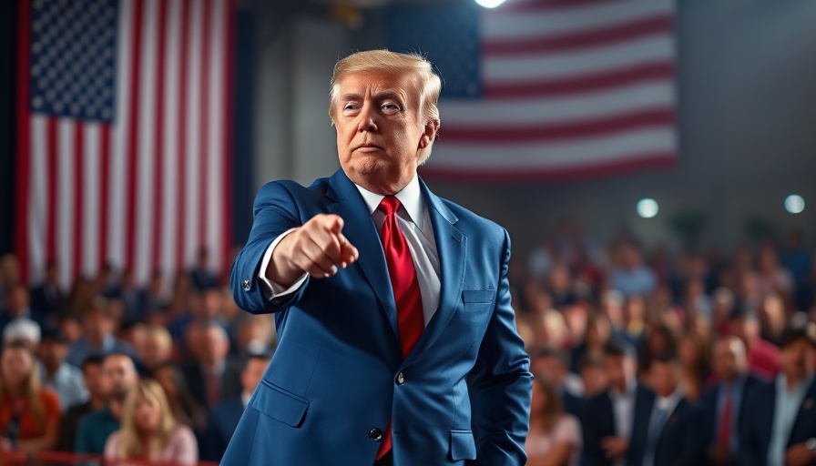 Trumps Autozölle EU Tech Unternehmen Thema: Mann auf Bühne in Anzug, zeigt mit Hand, Bühnebeleuchtung.