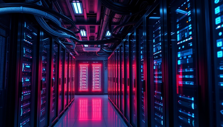Futuristic networking server room with LED lights.