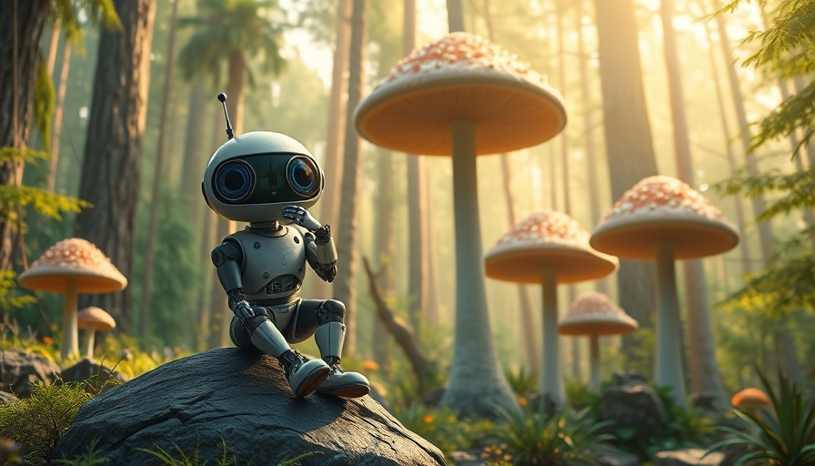 Thoughtful robot in a vibrant forest with large mushrooms, große Sprachmodelle.