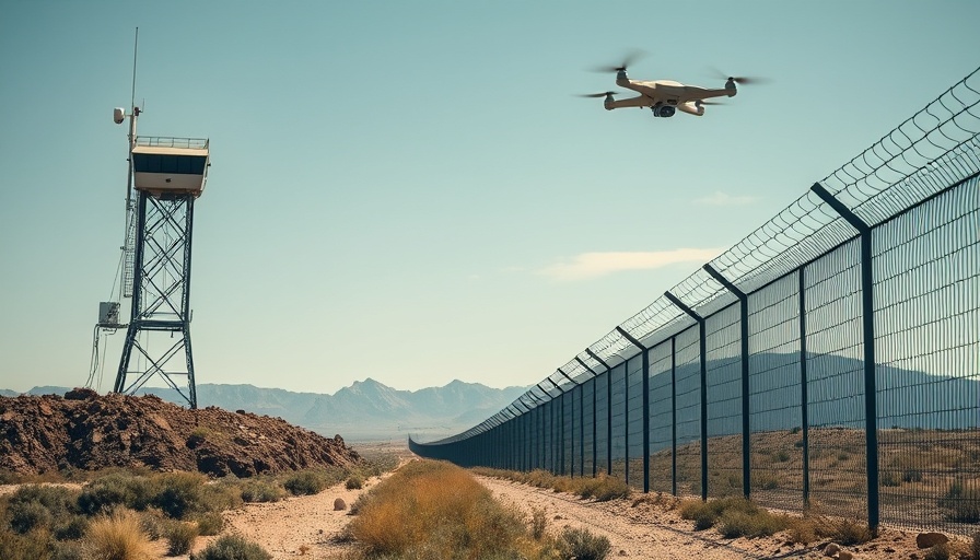 Illustration of border surveillance technologies including a tower, drone, and wall.