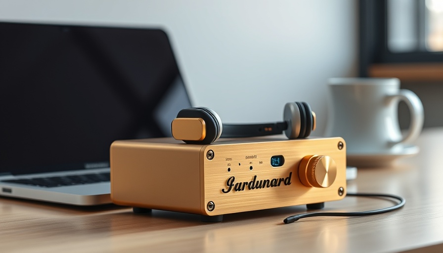 Elegantly designed portable headphone amplifier with DSD-remastering on a desk.