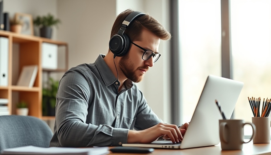 Concentrated man using laptop with headphones in bright office.