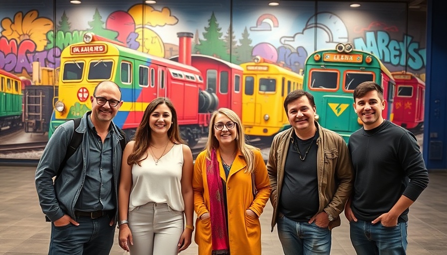People in front of Märklin Osgemeos Kunst Waggons mural.