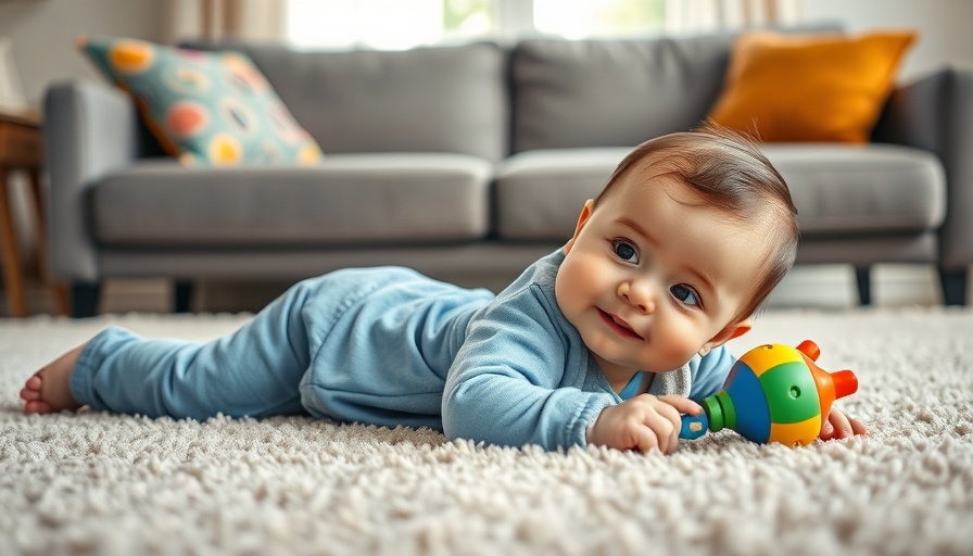 Adorable baby playing with a colorful toy on a soft carpet, spiel gut-Siegel.