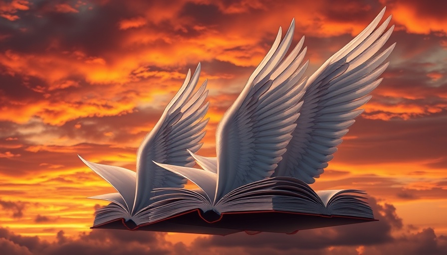 Illustrated books with wings flying in sunset sky, symbolizing Deutsche Verwaltungscloud.
