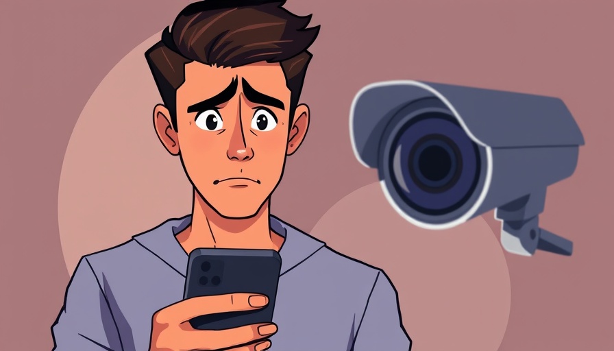 Illustration of concerned man with smartphone under surveillance camera, Verschlüsselte Kommunikation.