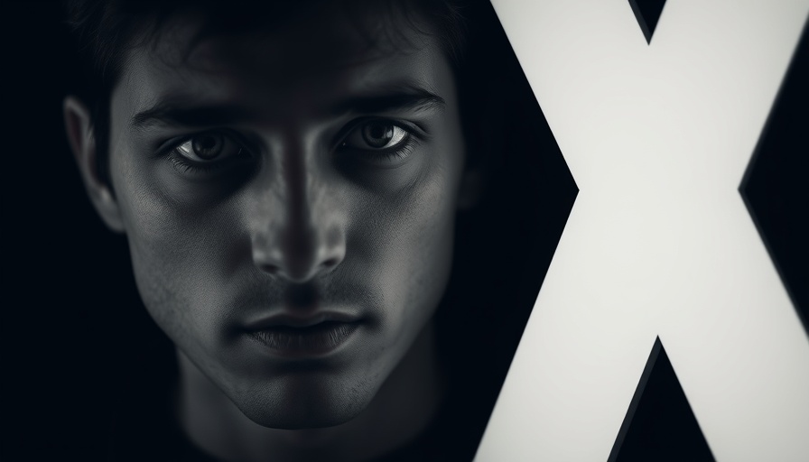 Monochrome face alongside a large white X symbol.