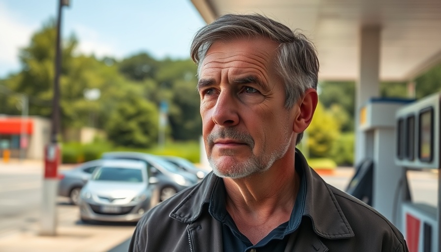Middle-aged man at gas station considering Polizeiliche Kriminalstatistik und ihre Auswirkungen.