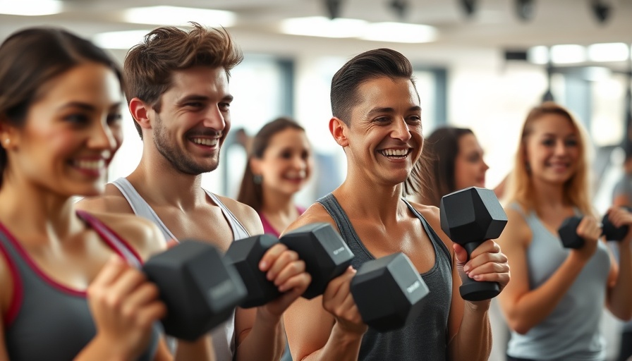 Group exercising with dumbbells in gym, smiling energetically, Blähungen beim Sport.
