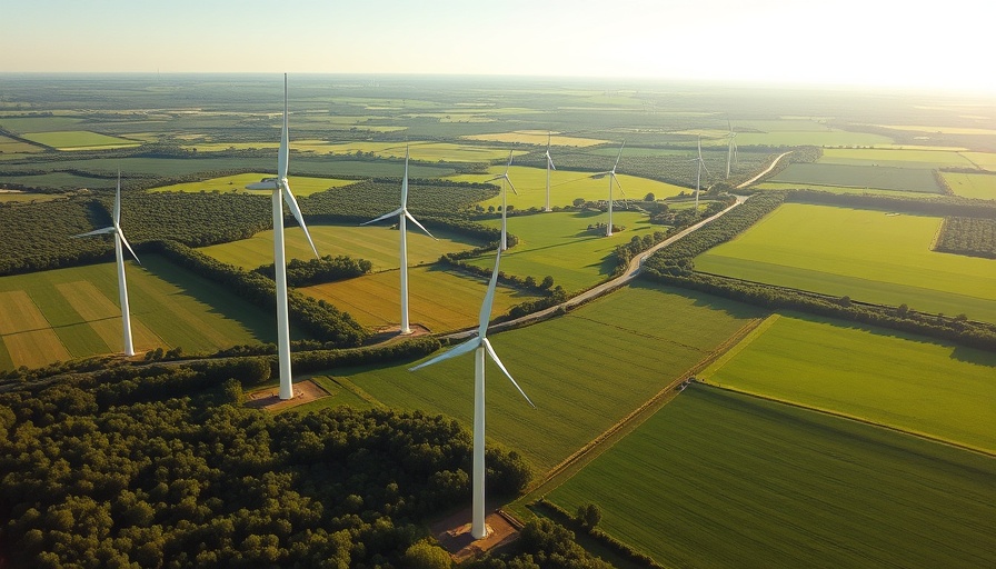 Expansive wind farm landscape with lush fields and wind turbines under a clear sky.