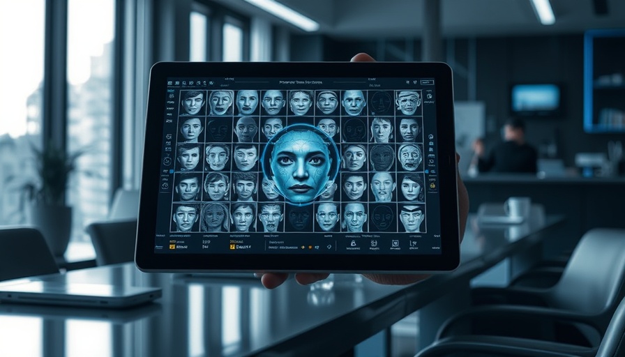 Emotionserkennung am Arbeitsplatz: AI system analyzing facial expressions on tablet in office.