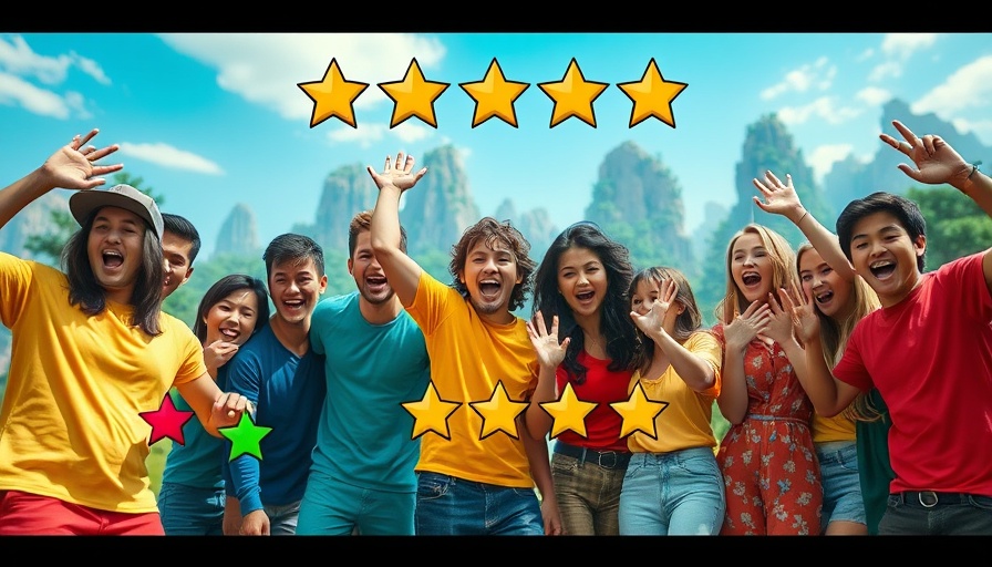 Excited group in Minecraft-like setting with star rating overlay.
