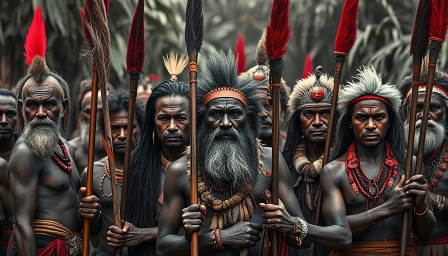 Indigenous group with spears, Urteil gegen Facebook theme, black and white.